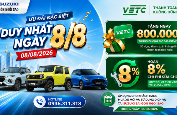 Ưu đãi 08/08 - Tặng 800.000 điểm VETC & Hoàn 8% chi phí sửa chữa tại Suzuki Sài Gòn Ngôi Sao